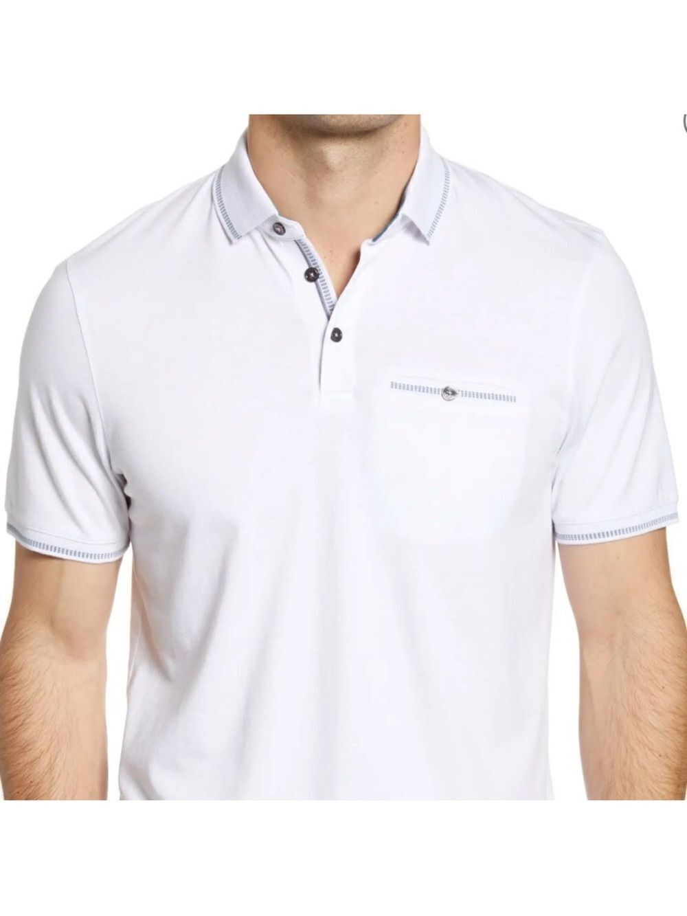 Ted Baker 6/XL White Blue Short Sleeve Cotton Blend Lightweight Polo
